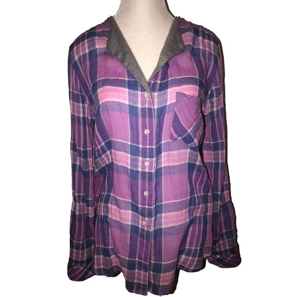 C&C California Tops - C&C California Rolled Sleeve‎ Arroyo Plaid Check Pocket Shirt Purple pink  S